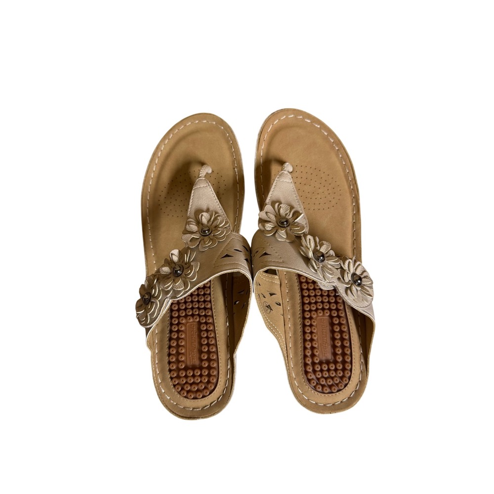 Womens Beige Floral Wedge Thong Sandals Massage Footbed Slides Size 40.5